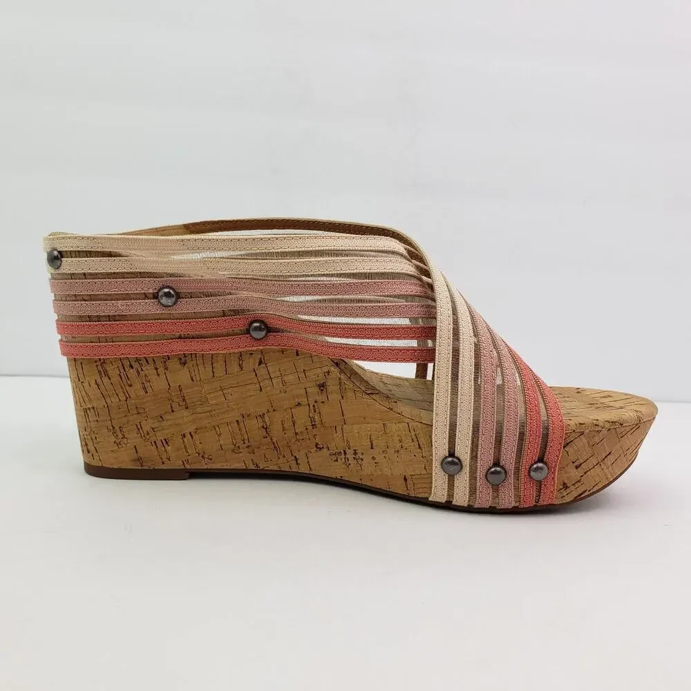 Lucky Brand Mykayla Womens Size 9.5 Pink White Cork Slide Wedge Sandals
